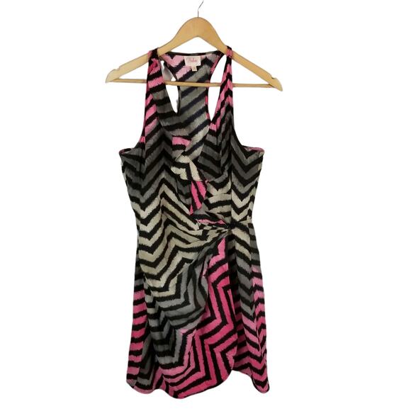 Parker Silk Black Pink Gray Ruffle Sleeveless Wrap Dress Size S Small - Picture 2 of 6